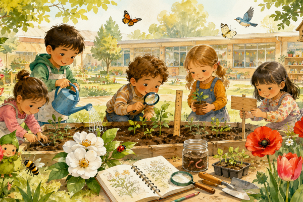 Niñas y niños realizando actividades en una huerta escolar (regando, observando, plantando). Al lado un libro con la imagen de una planta y sus partes.