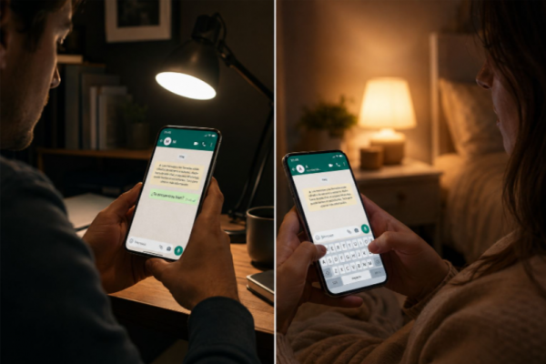 Composición dividida en dos imágenes nocturnas e iluminadas con lámparas cálidas. A la izquierda, un hombre sostiene un teléfono móvil mostrando un mensaje en WhatsApp que dice '¿Te encuentras bien?'. A la derecha, una mujer sostiene su teléfono respondiendo en el chat mientras escribe en el teclado en pantalla.
