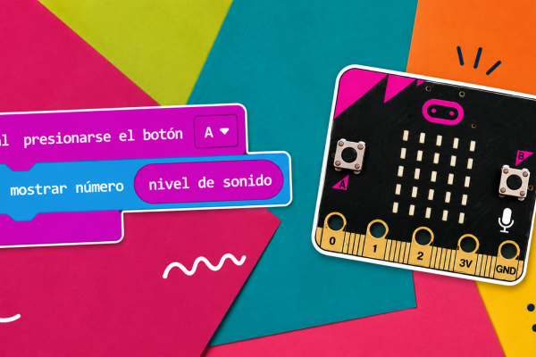 Captura de un programa en bloques de MakeCode para micro:bit. Al presionar el botón A, la placa muestra en la pantalla el valor numérico correspondiente al nivel de sonido detectado por el micrófono.