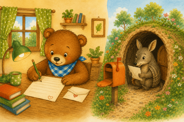 Oso escribiendo una carta a mulita