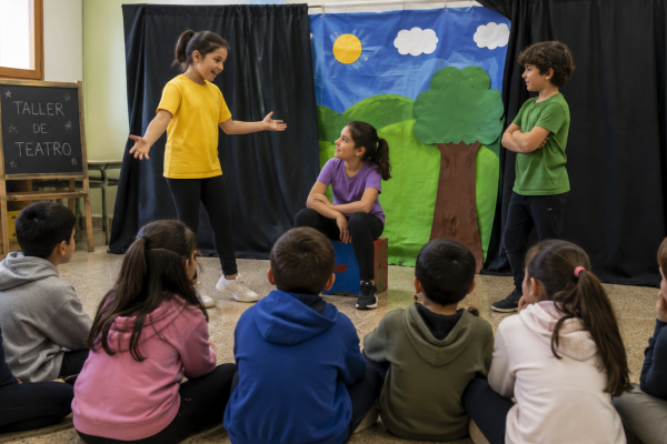 Niños y niñas en un escenario escolar interpretando una obra teatral
