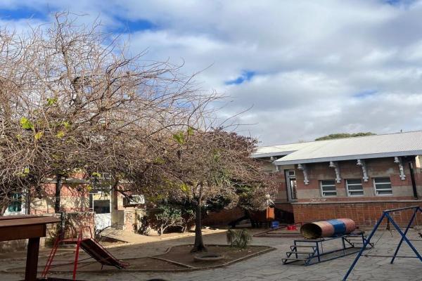 Patio escolar en invierno. Un árbol grande y otro más pequeño con ramas aparentemente secas. Un juego para pasar por un tanque encima de escaleras. Un tobogán y hamacas. Alrededor se visualiza parte del edificio escolar.