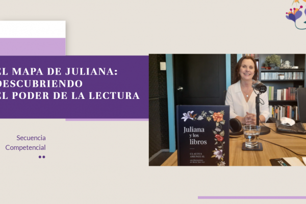 Imagen de portada de una presentación educativa sobre fondo claro con ilustraciones florales en la esquina superior derecha. A la izquierda se muestra el título en letras blancas sobre un recuadro morado: "EL MAPA DE JULIANA: DESCUBRIENDO EL PODER DE LA LECTURA", acompañado abajo por el texto "Secuencia Competencial". A la derecha se aprecia una fotografía de la autora Claudia Amengual sonriendo en un estudio de grabación frente a un micrófono y un libro exhibido en primer plano titulado "Juliana y los libr