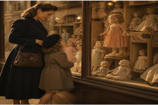 mujer con una niña viendo una vidriera de un comercio de venta de muñecas antiguo