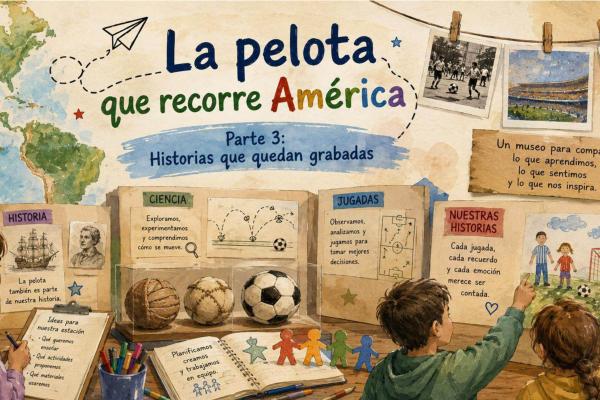 Ilustración de niños creando un museo sobre la historia del fútbol en América, con pelotas, fotografías, mapas y estaciones de ciencia, historia y juego.