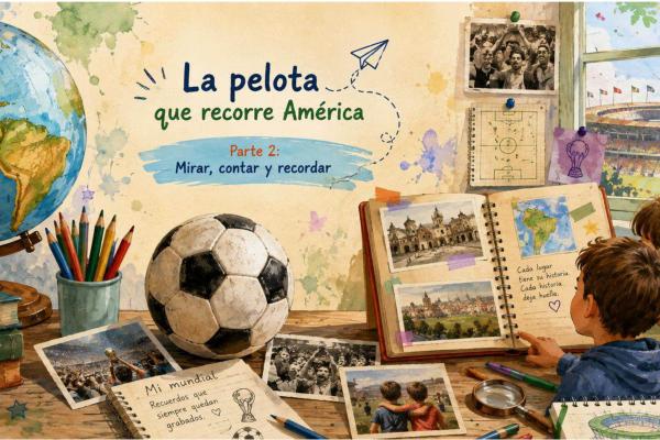 Ilustración de estudiantes explorando historias y recuerdos del fútbol en América, con una pelota, globo terráqueo, fotografías, mapas y cuadernos.