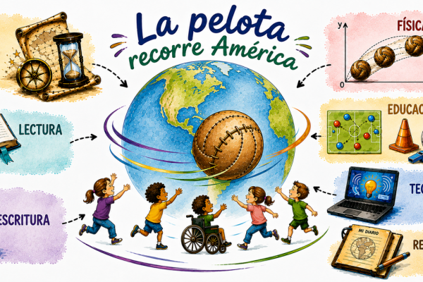 En el centro hay un planeta Tierra donde se muestra a América y una pelota de caucho. Abajo niños y niñas jugando, corriendo, saltando, en silla de ruedas. Alrededor elementos representativos de las unidades curriculares.