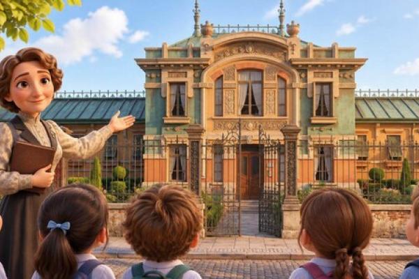Maestra mostrando el frente de un jardín de infantes a varios niños.