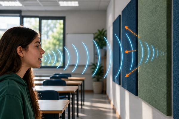 Estudiante hablando frente a panel acústico
