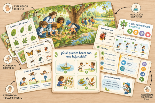 Ilustración educativa en acuarela que muestra a niños y una docente explorando la naturaleza, observando hojas, plantas e insectos. Alrededor de la escena se presentan recursos sobre clasificación, movimiento corporal, indagación científica y accesibilidad multimodal, junto a una pregunta central sobre posibles usos de una hoja caída