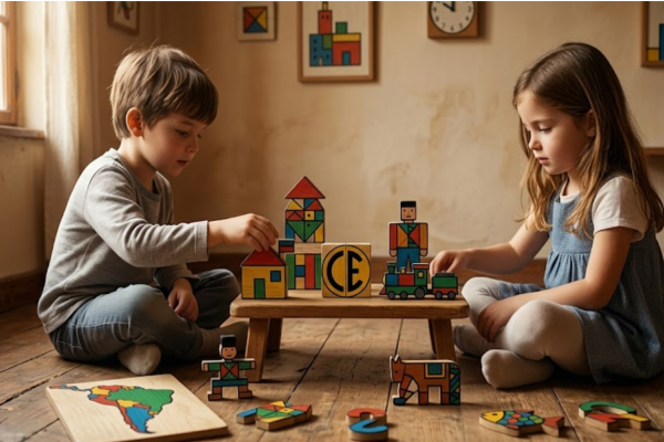 Un niño y una niña jugando en una habitación con juguetes de madera.