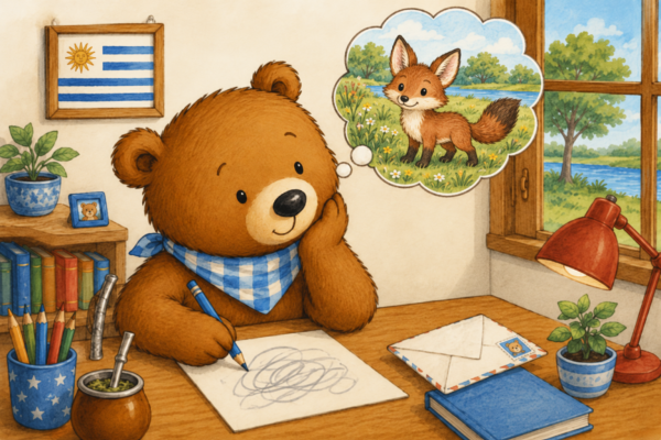 Oso escribiendo una carta a Zorrito