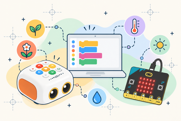 Ilustración de estilo técnico y fondo claro que reúne tres dispositivos educativos: un robot Tale-Bot a la izquierda, una computadora portátil con bloques de programación al centro y una placa micro:bit a la derecha. Alrededor aparecen íconos de hoja, flor, termómetro, sol y gota de agua, conectados por líneas punteadas.