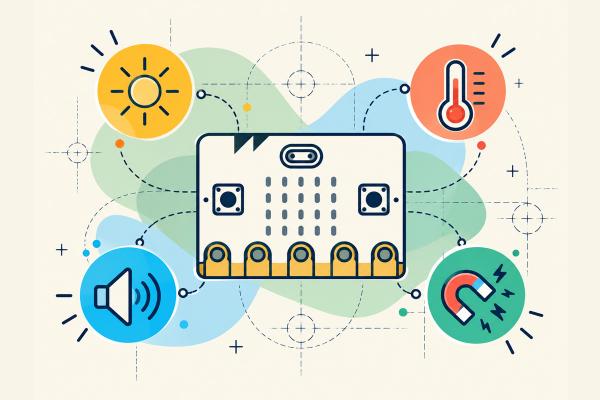 Ilustración de una placa micro:bit en el centro, rodeada por íconos de luz, temperatura, sonido y magnetismo, conectados mediante líneas punteadas.