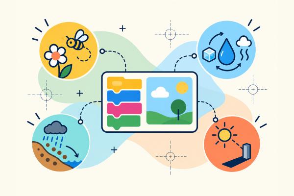 Ilustración de bloques de programación y una interfaz simplificada de Scratch en el centro, rodeados por representaciones de polinización, cambios de estado del agua, erosión y relación entre el Sol y la sombra.