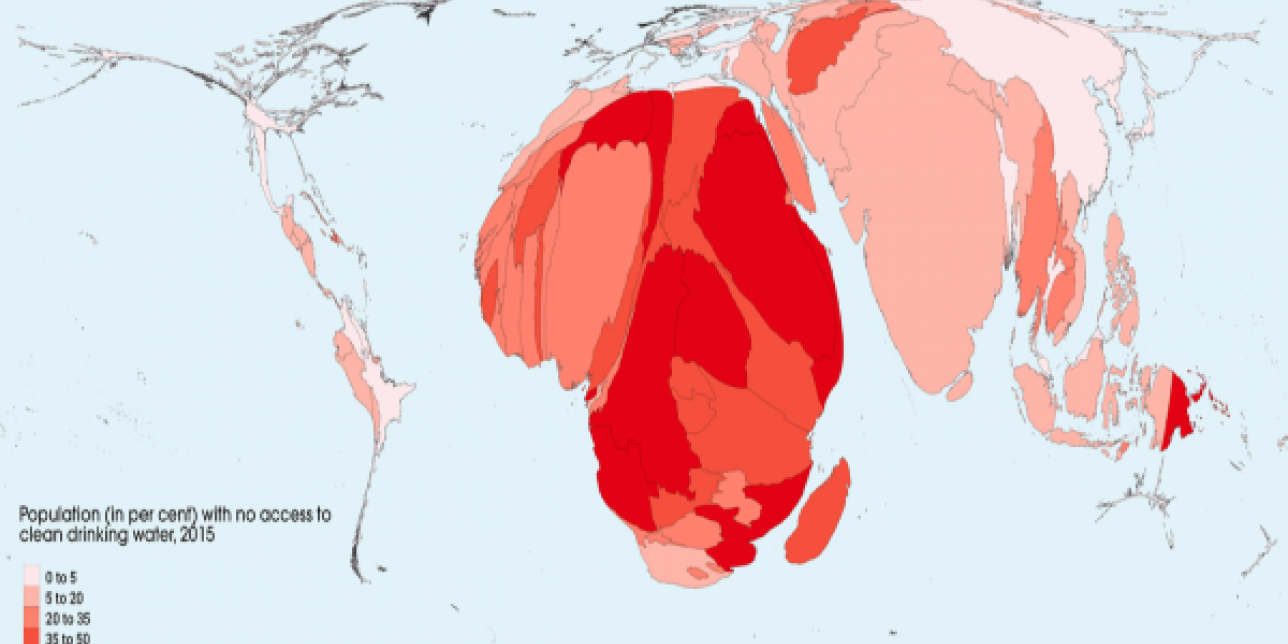 Cartograma: "Sin acceso al agua per cápita" - El mayor número de los más de 800 millones de personas que no tienen acceso a al menos agua potable básica vive en la India, seguida de Etiopía, Nigeria y China.