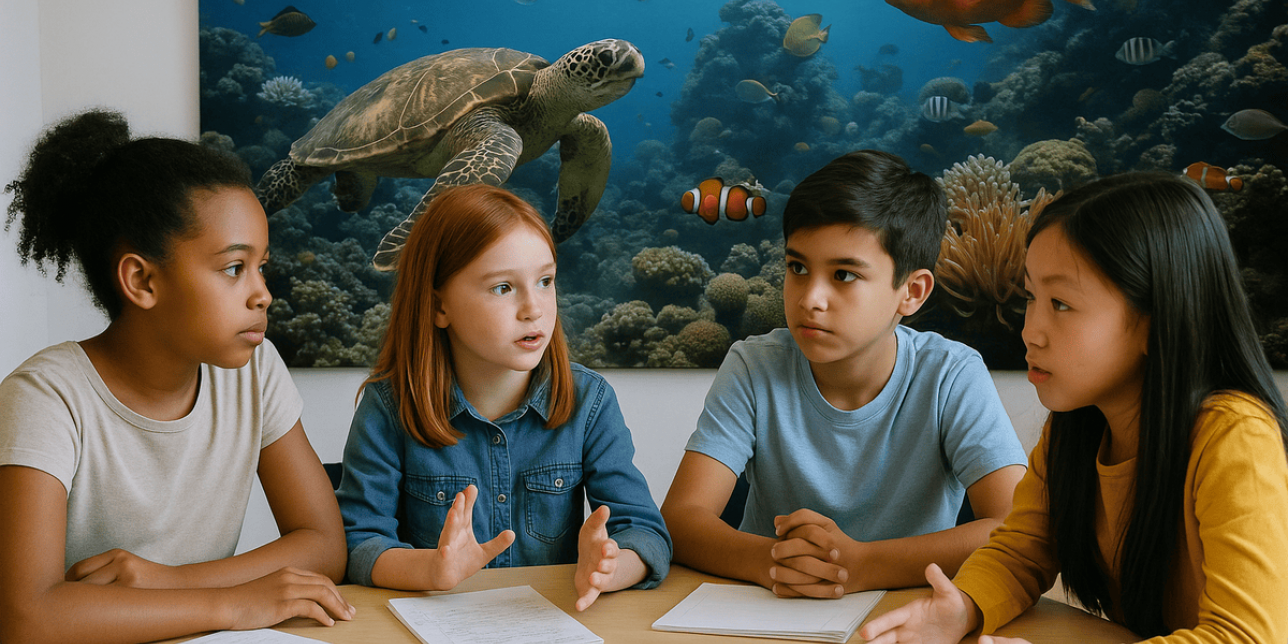 Niños y niñas debatiendo con sus notas como apoyo y el fondo del mar con animales a sus espaldas.