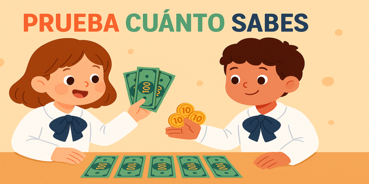 imagen de dos escolares jugando con billetes de 100 y monedas de 10