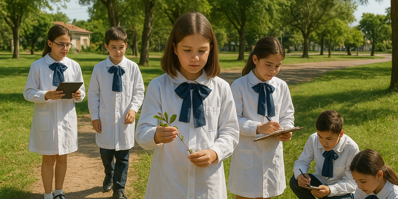 Niñas y niños de túnica y moña caminando en un entorno natural explorando la naturaleza, y tomando registros