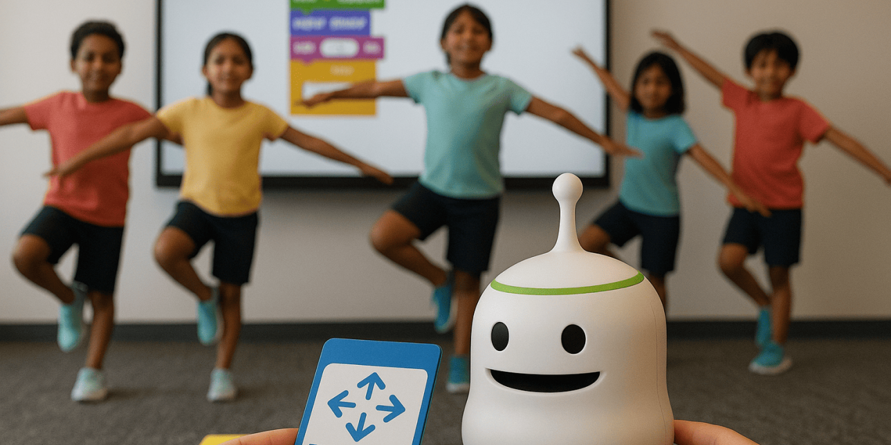 En el primer plano, manos infantiles inclinan suavemente un robot True True de color blanco, que tiene insertada la tarjeta Tilt (sensor de inclinación) en su 'boca'. Líneas curvas y sutiles ondas visuales emanan del robot, simbolizando que está detectando el movimiento (acelerómetro) y activando la programación secuencial. En el plano posterior, se ven siluetas de cuatro niños de edad preescolar y escolar inicial (3-5 años) en un aula lúdica. Están realizando activamente posturas de equilibrio.