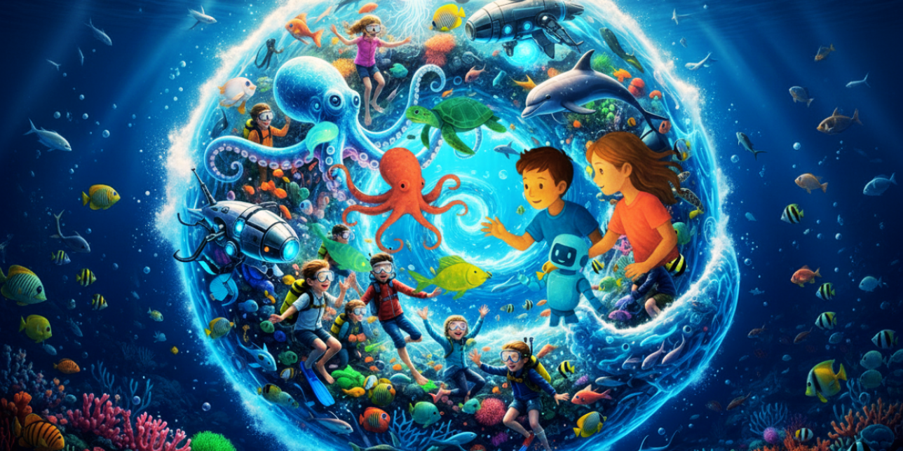 Niños y niñas debajo del océano junto con diferentes animales submarinos