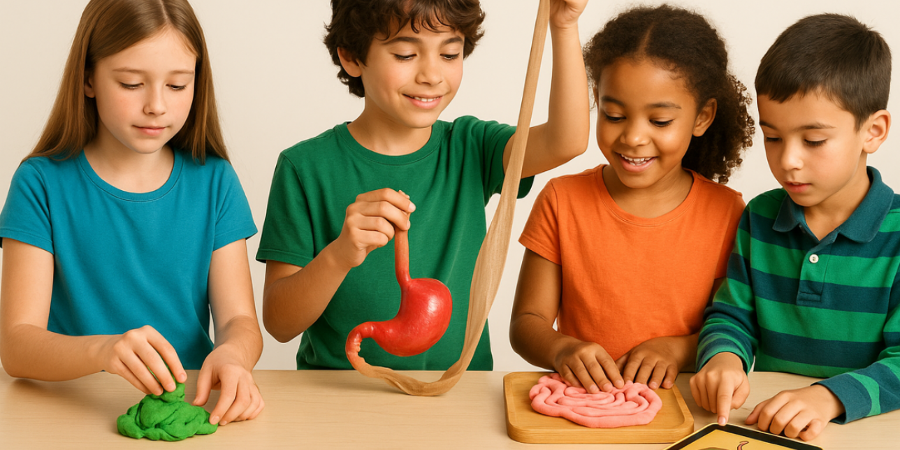 Niños y niñas experimentando con simuladores de órganos del sistema digestivo y tablet.