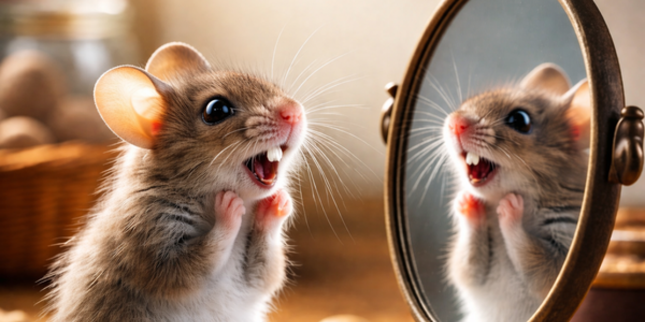 Ratón sorprendido ante su reflejo en el espejo