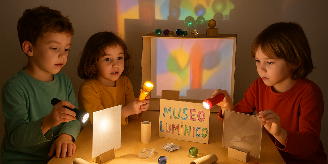Niñas y niños jugando con linternas con colores proyectando luces de colores.