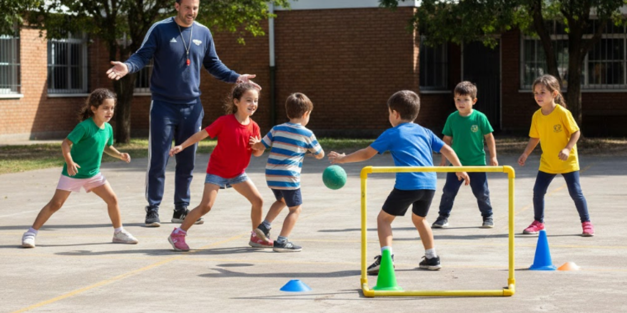 clase de Educación Física en una escuela pública uruguaya de nivel primaria. Niños y niñas de 6 a 8 años practican hándbol en el patio escolar. Se observa una situación de juego reducido 3 vs 3 con oposición moderada: un niño con balón decide si pasar o lanzar mientras un compañero se desmarca y un defensor intenta interceptar sin contacto físico.  El docente observa y orienta desde un costado. Hay conos delimitando la cancha y un arco pequeño hecho con conos. 