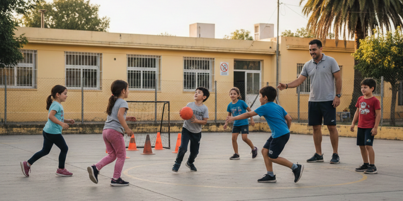 clase de Educación Física en una escuela pública uruguaya de nivel primaria. Niños y niñas de 6 a 8 años practican hándbol en el patio escolar. Se observa una situación de juego reducido 3 vs 3 con oposición moderada: un niño con balón decide si pasar o lanzar mientras un compañero se desmarca y un defensor intenta interceptar sin contacto físico.  El docente observa y orienta desde un costado. Hay conos delimitando la cancha y un arco pequeño hecho con conos. 