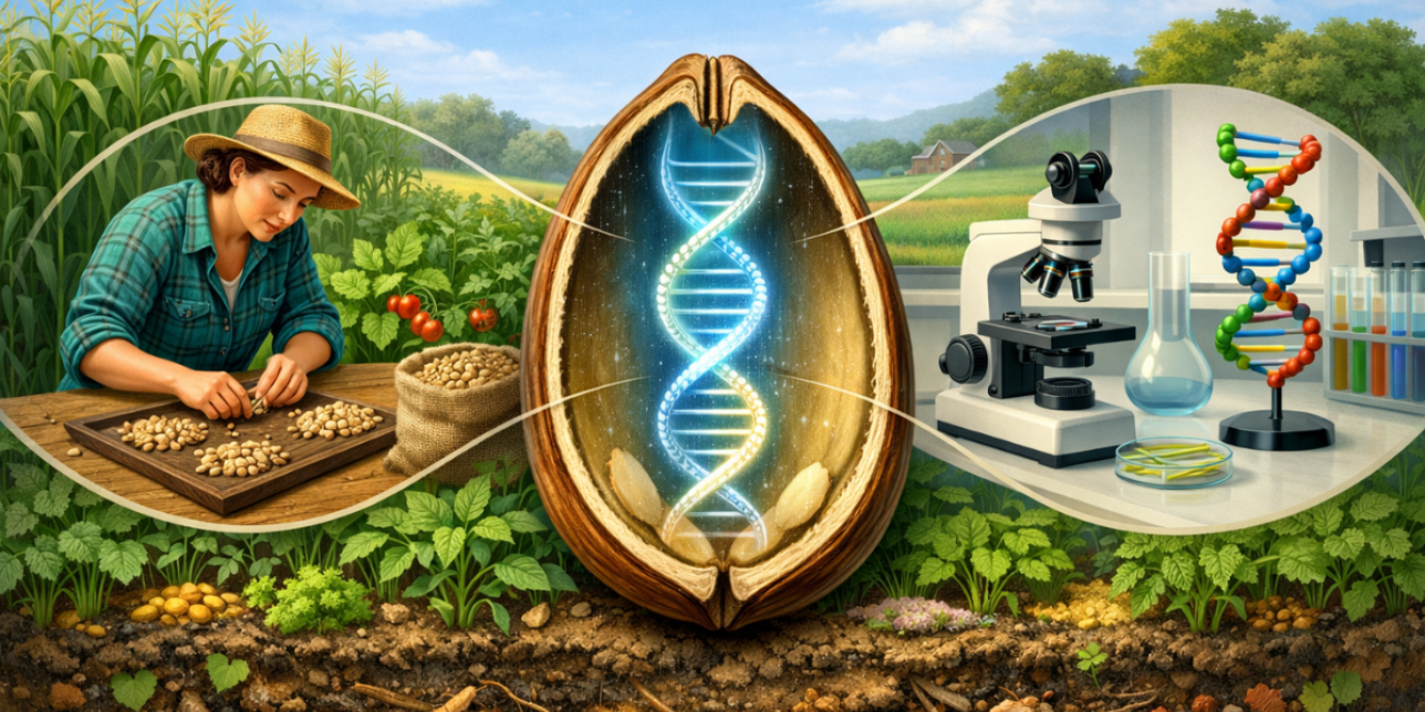 agricultora seleccionando semillas sobre una mesa de madera (selección tradicional).  A la derecha: laboratorio sencillo con microscopio y modelo de ADN, representación de incorporación genética (transgénico), sin elementos futuristas exagerados.  En el fondo: cultivo diverso con plantas asociadas y suelo visible con compost, representando mejora ambiental sin modificación genética.