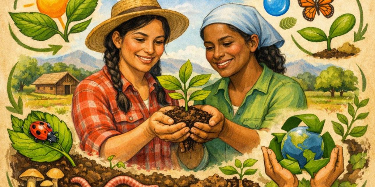 Agricultoras tomando con sus manos juntas una planta con tierra. Alrededor elementos de ecosistema: sol, insectos, agua.