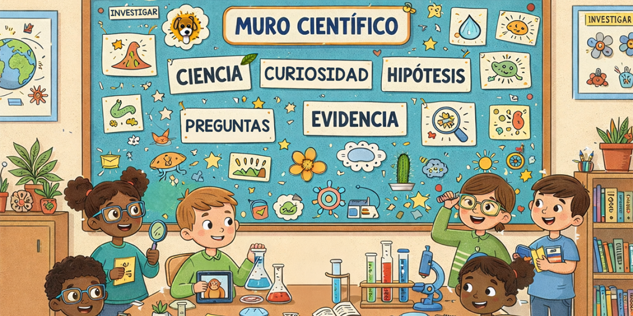 Estudiantes indagando temáticas científicas y confeccionando una cartelera alusiva.