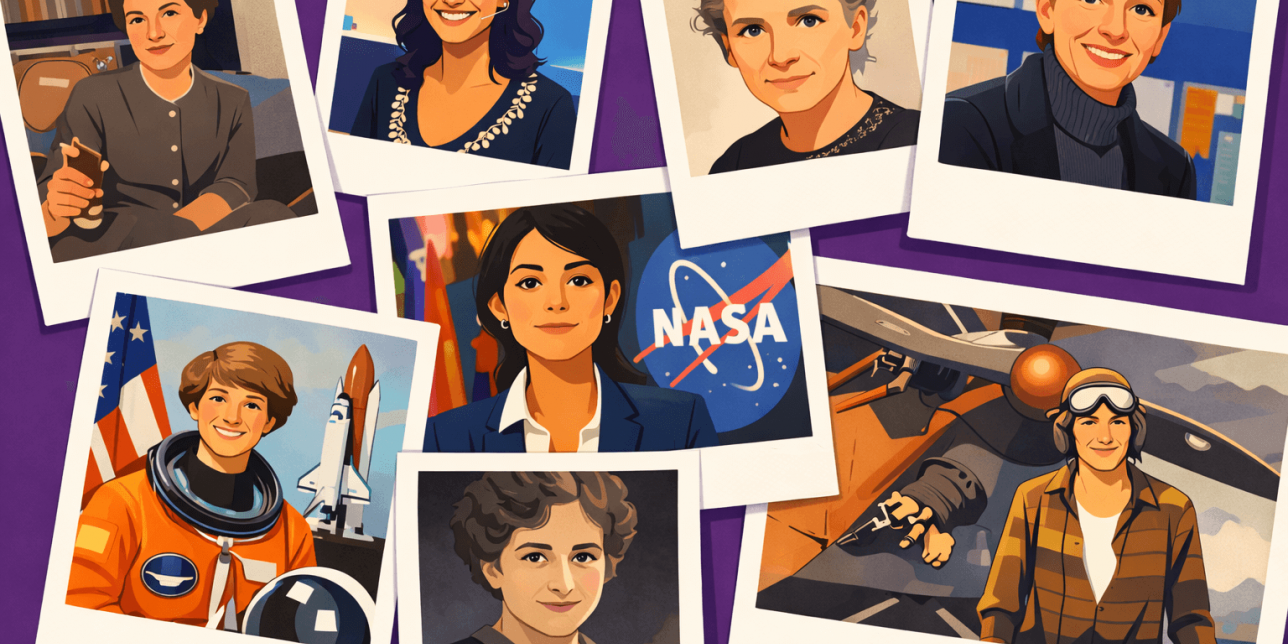 Collage de fotos de mujeres científicas destacadas. Estilo ilustrado.