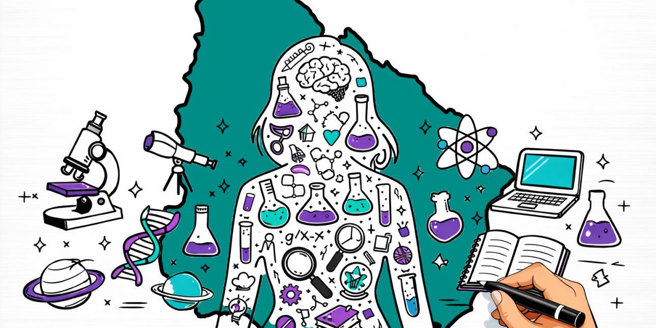Ilustración de una silueta de mujer con elementos científicos estilo Draw my life, con un contorno de Uruguay detrás.