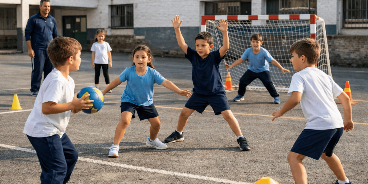 Niños y niñas juegan mini-hándbol en el patio de una escuela durante una clase de Educación Física, organizados en un juego 4 contra 4 con arquero mientras el docente observa.