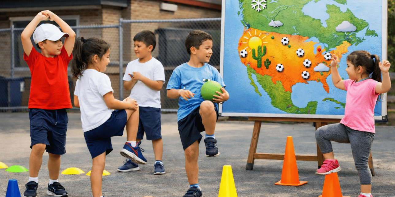 La imagen muestra a niños y niñas de primer ciclo realizando movimientos de activación corporal antes de iniciar un juego con pelota. A un costado del espacio de juego se observa un mapa de América del Norte donde se señalan los países anfitriones del Mundial 2026. La escena representa la relación entre la preparación física previa a la actividad deportiva y las condiciones del ambiente en que se desarrolla el juego.