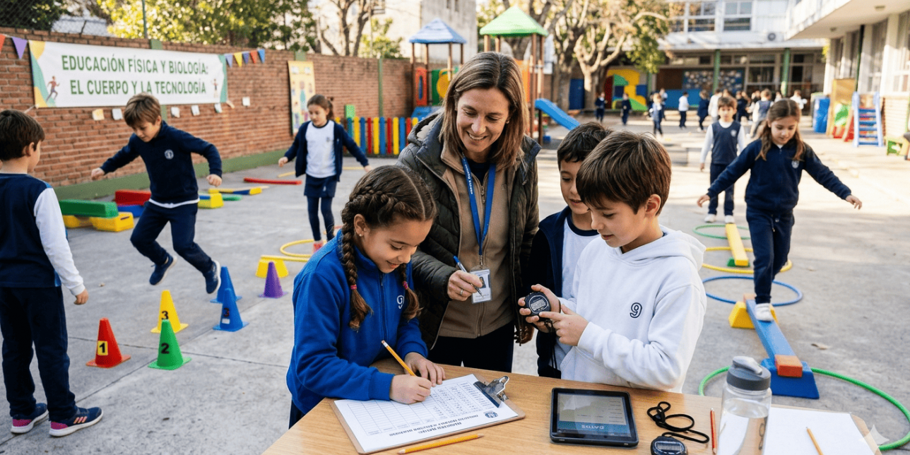 Fotografía de estudiantes de primaria registrando datos corporales con apoyo docente en un patio escolar, mientras otros realizan un circuito motriz, integrando educación física, biología y tecnología.