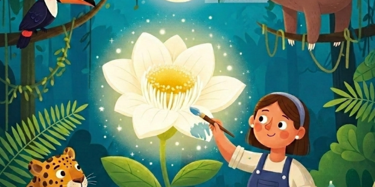 niña pintando una flor blanca
