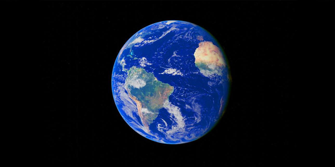 El planeta Tierra visto desde el espacio, enfocando en América del Sur y el Océano Atlántico.