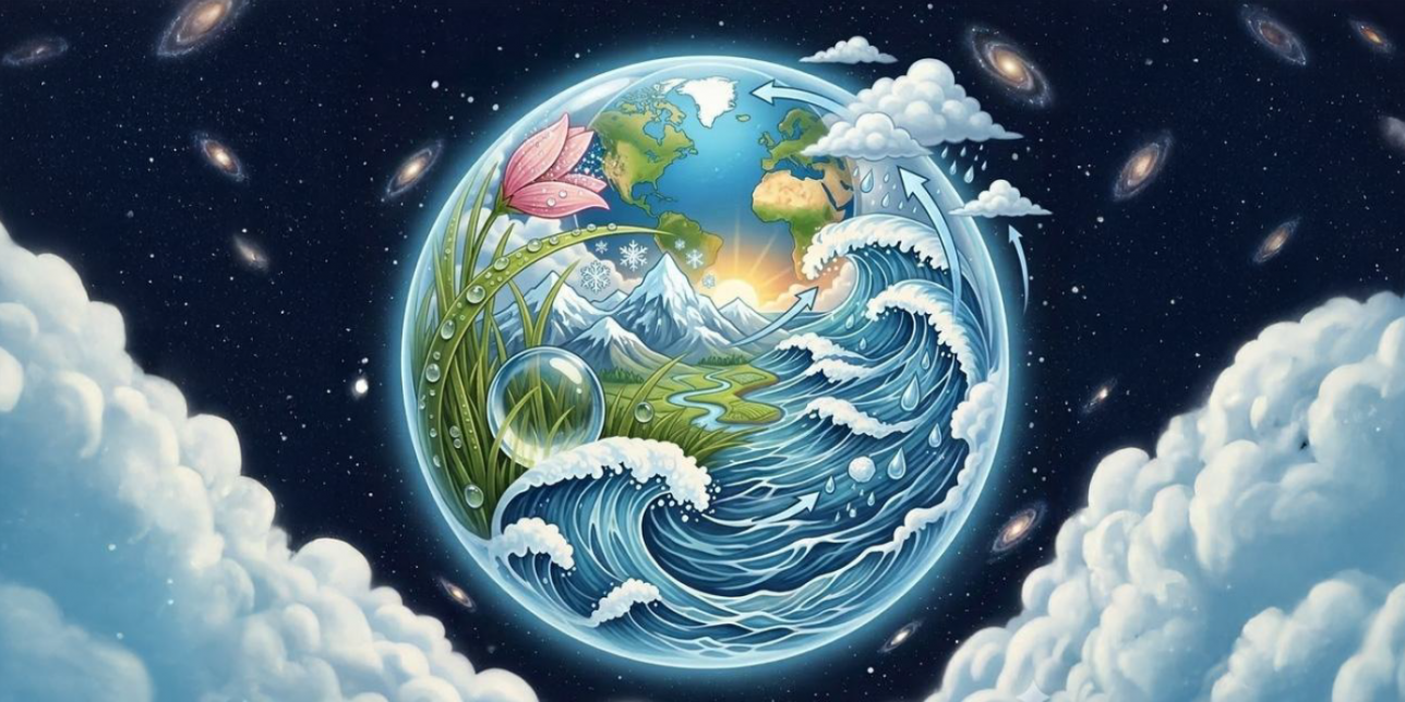 Ilustración de una esfera de agua con diversidad de elementos, simulando el planeta Tierra visto desde el espacio.