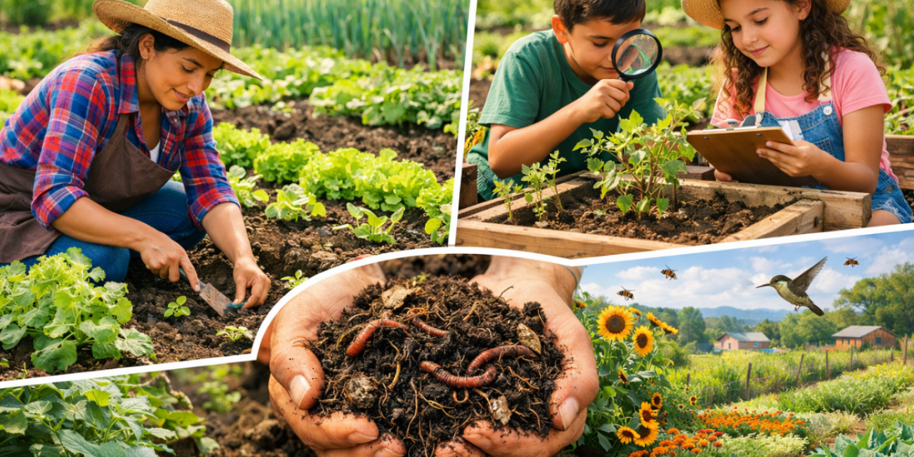 mujer cultivando, un niño y una niña investigando los cultivos con lupa y tablet. Dos manos juntas con tierra y lombrices.