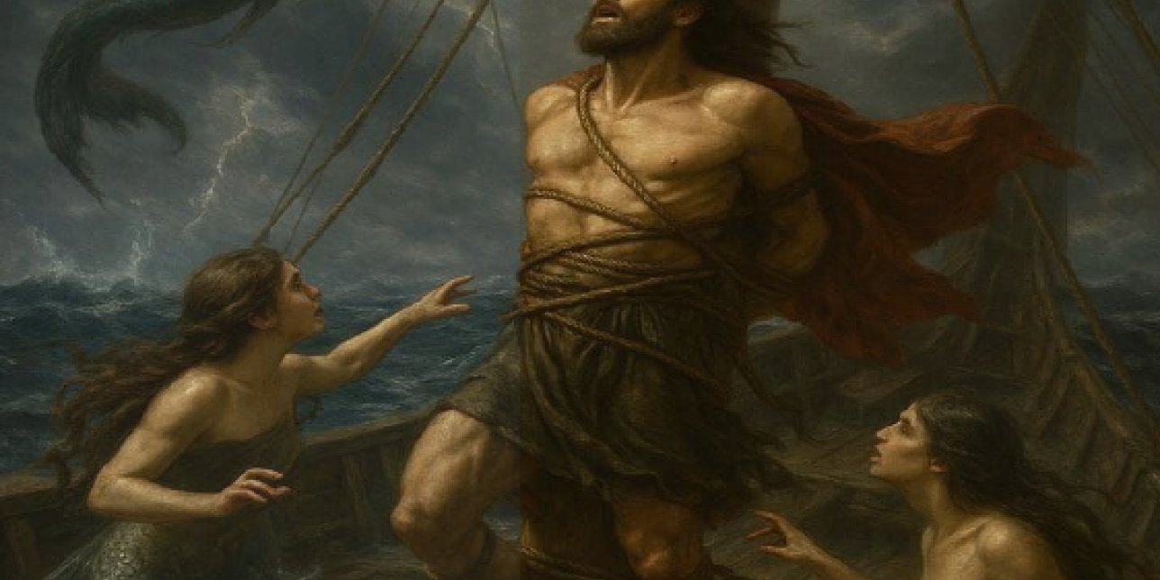 "Odiseo atado al mástil de su barco resiste el canto de las sirenas, mientras criaturas aladas y marinas lo rodean en un mar tormentoso