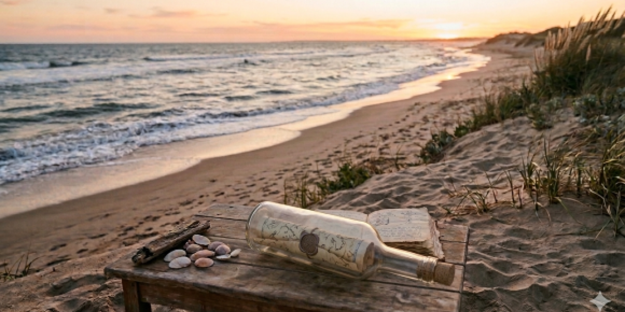 un paisaje de playa y una botella arriba de una mesa