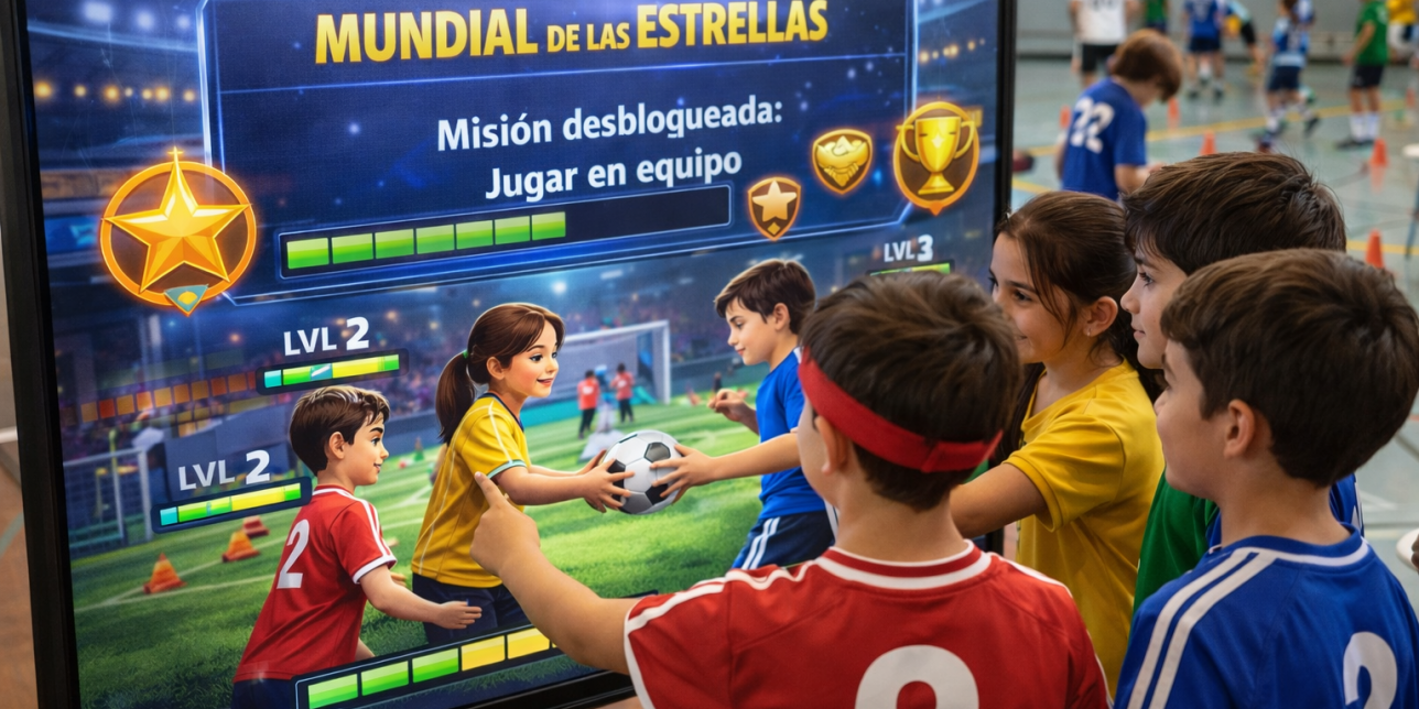 Grupo de estudiantes de primaria en un gimnasio escolar interactúan con una pantalla táctil grande que muestra el juego “Mundial de las Estrellas”. En la pantalla aparece la misión “Jugar en equipo” con barras de progreso y niveles, mientras los niños colaboran señalando y tomando decisiones juntos.