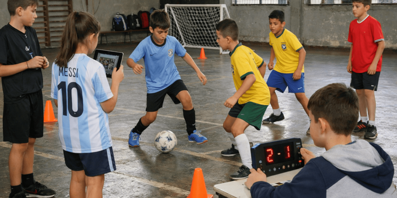 Grupo de niños en un gimnasio escolar jugando fútbol 3 contra 3 con camisetas de selecciones; algunos participan como árbitro, observador y camarógrafo con tablet, mientras otro registra el puntaje con una pequeña placa electrónica, en un ambiente de trabajo en equipo y aprendizaje activo.