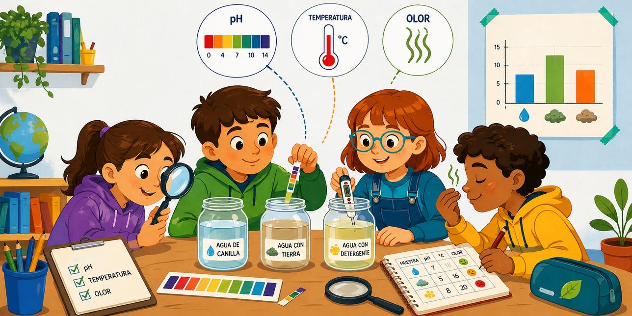 Niños y niñas alrededor de una mesa haciendo experimentos y graficando los datos.