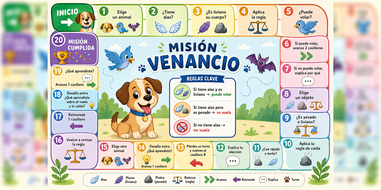 Tablero lúdico con diferentes consignas en cada casillero. Personajes destacados: un perro, u pájaro y un murciélago.