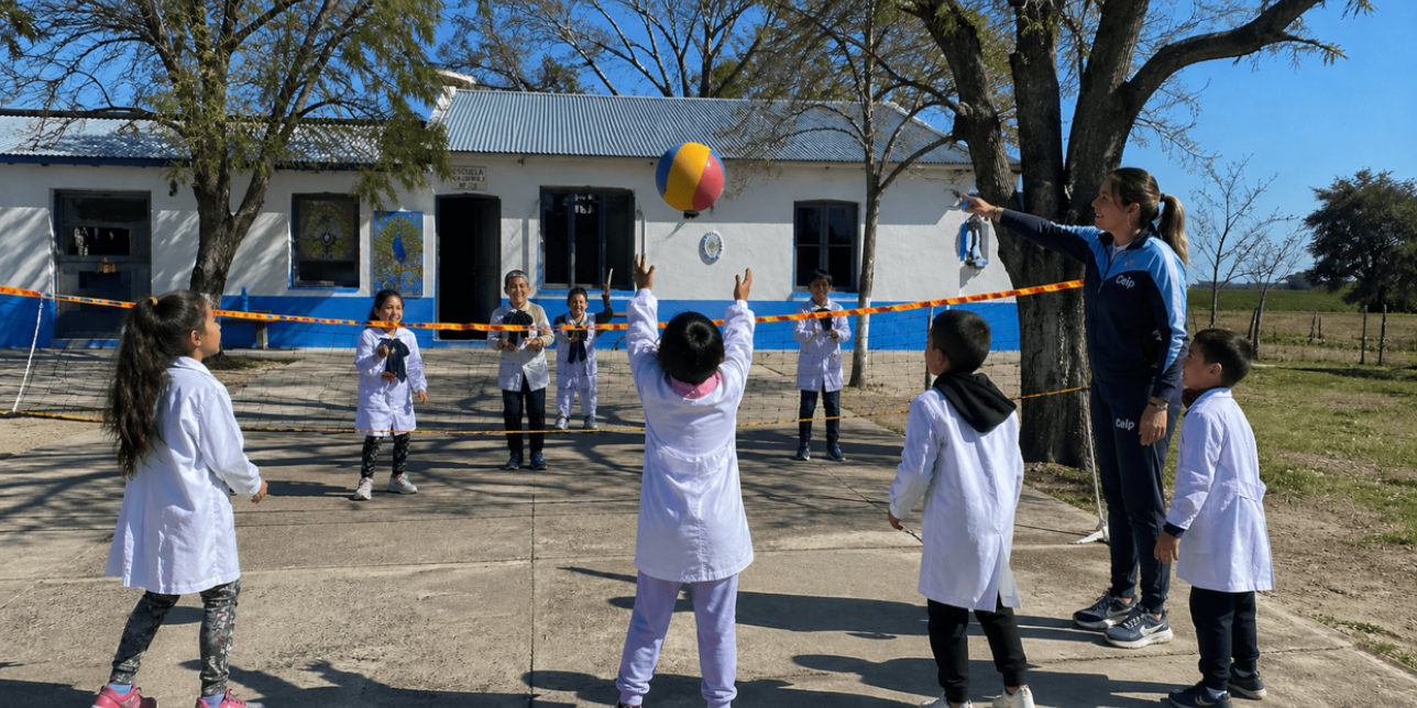 Grupo de niños y niñas con túnica blanca jugando vóleibol con una pelota colorida en el patio de una escuela rural; una docente con ropa deportiva señala la red mientras acompaña la actividad.