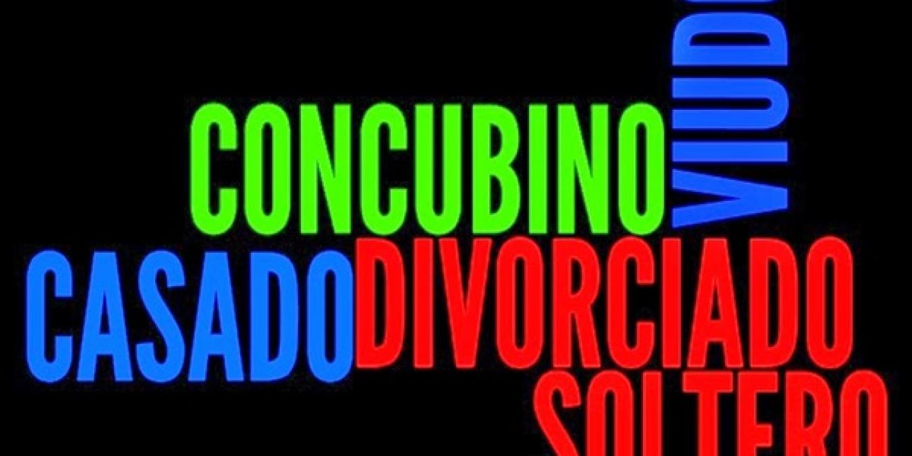 Imagen con las siguientes palabras: concubino, casado, divorciado, soltero. viudo.
